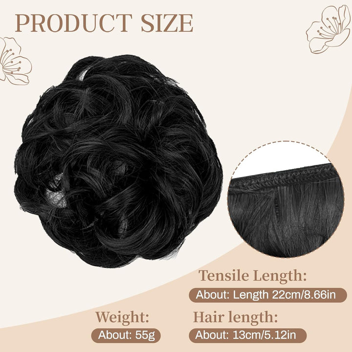 Messy Bun Hair Piece, Wavy Curly Messy Bun Scrunchie, Thick Tousled Hair Pieces for Women Girl(Black）
