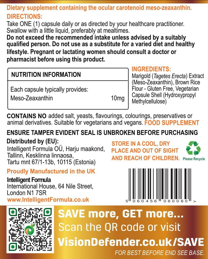 Meso Zeaxanthin Supplement - VISION DEFENDER MZ – High Strength Eye Vitamins Nutrients & Antioxidant Carotenoid for Ocular Health, Eye Care & Eyesight Support –Vegan (90 Capsules/One-A-Day) Made in UK