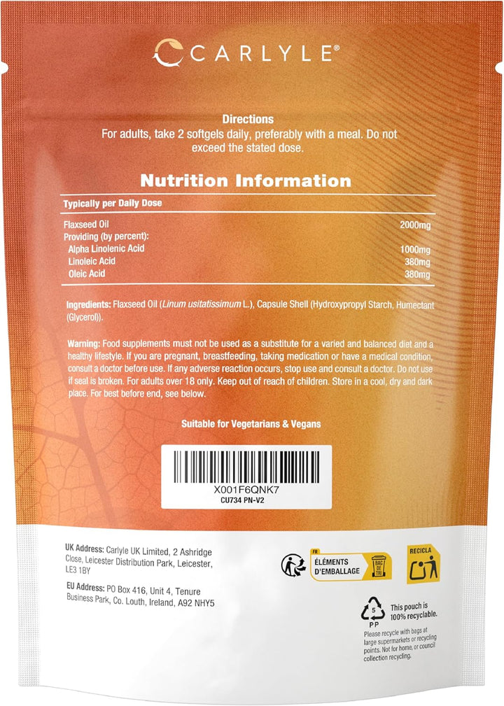 Flaxseed Oil Capsules 2000Mg | 120 Vegan Softgels | High Strength Supplement with Omega 3 6 & 9 | Cold Pressed | by