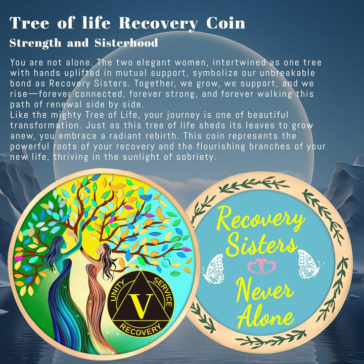 5 Year Sobriety Coin for Women, Recovery Sisters AA Medallion, Tree of Life AA Coin, 5 Year AA Chip, Sobriety Gifts for Women, Alcoholics Anonymous Anniversary Token