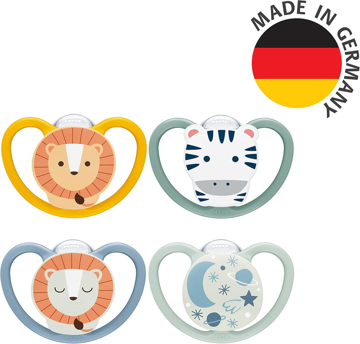 Space Day & Night Baby Dummy | 18-36 Months | Glow-In-The-Dark Soothers with Extra Ventilation for Sensitive Skin | Bpa-Free Silicone | Zebra & Lion | 4 Count