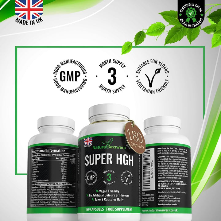 180 Super HGH Vegan Capsules - (3 Months Supply) 9-In-1 HGH Complex with Vitamin B6 and Tribulus Terrestris Extract - Made in the UK