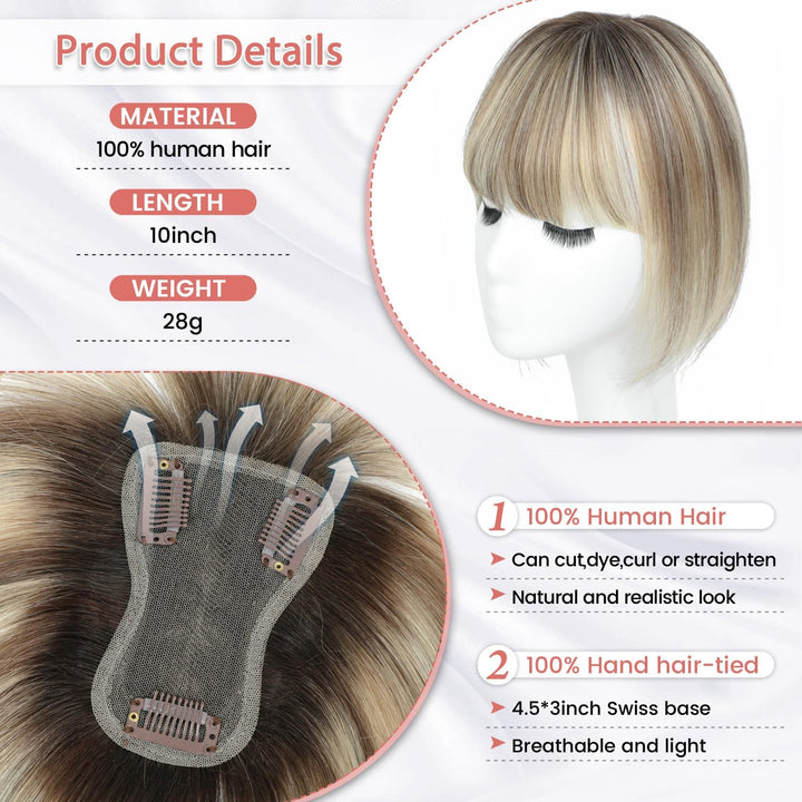 Hair Toppers for Women Human Hair Topper Clip in Fringe Hand-Woven Swiss Base Hair Topper (Ombre Light Brown with Blond Highlight)