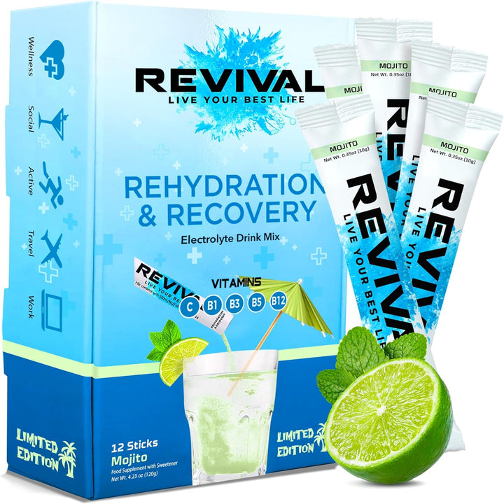 Revival Rapid Rehydration Electrolytes Powder - High Strength Vitamin C, B1, B3, B5, B12 Supplement Sachet Drink, Effervescent Electrolyte Hydration Tablets - 12 Pack Assorted Flavours