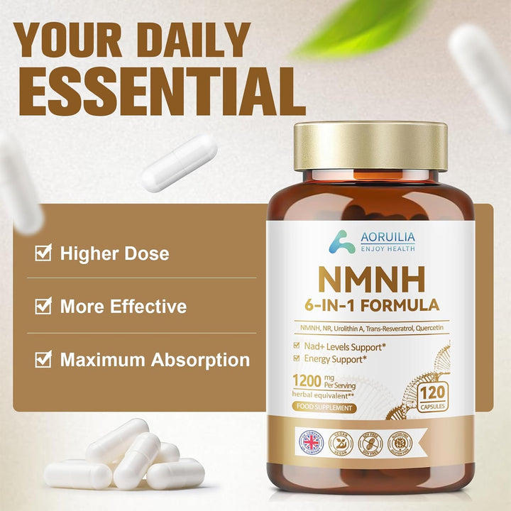 NMNH Supplement 1200Mg, 6 in 1 NAD Alternative & Trans-Resveratrol Superior Antioxidant Blend with Max Absorption for NAD+ Booster & Energy Support, 120 Capsules