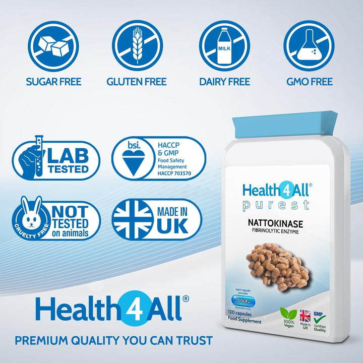Nattokinase 2000FU per Capsule, 120 Capsules 4 Month Supply, Purest Vegan Protein Enzyme from Japanese Natto, High Strength Cardiovascular Health Support Nattokinase Supplement | Made in UK