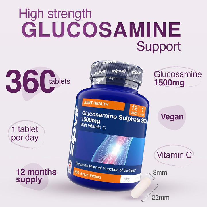 High Strength Glucosamine Sulphate 2Kcl 1500Mg with Vitamin C, 12 Month Supply, Supports Bones and Cartilage Function, 360 Vegan Tablets, Joint Care Supplement for Men & Women