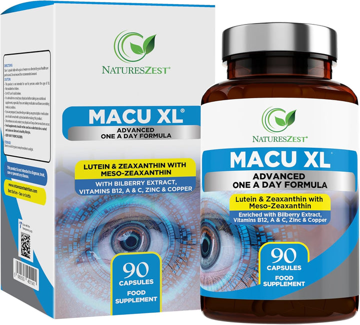 Macu XL - Lutein and Zeaxanthin Supplement - 6 Month Supply with Meso Zeaxanthin, Bilberry Extract, Vitamins A, B12 & Zinc, 180 Vegan Capsules - Eye Supplement for Vision Health – Eye Vitamins