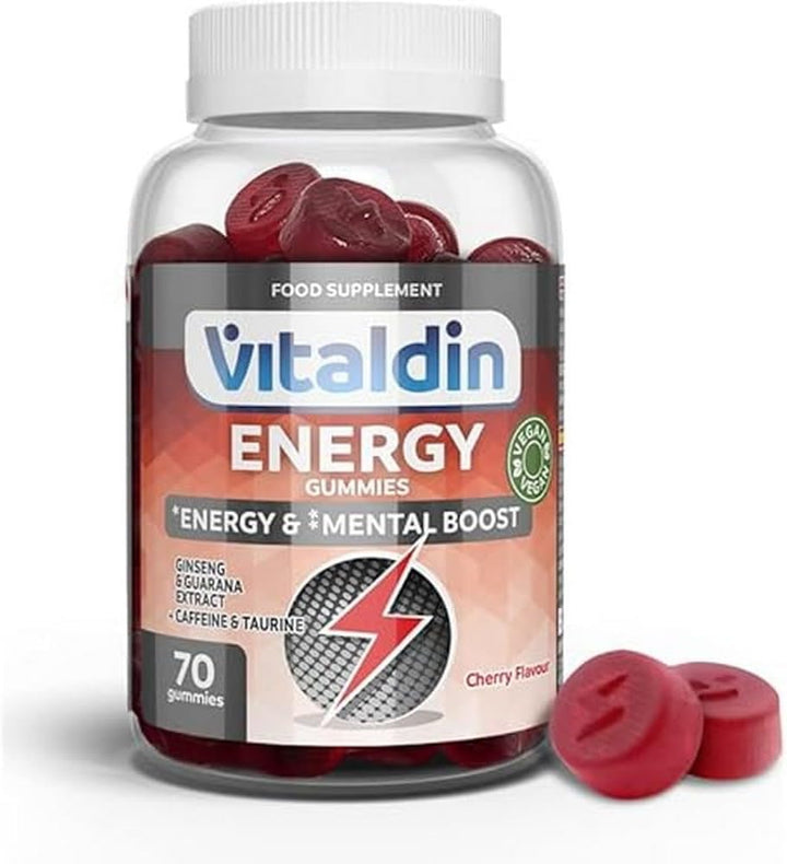 Energy Gummies – 70 Energy Chewable Gummies with Ginseng, Guarana, Caffeine & Taurine – Improves Concentration & Physical and Mental Boost – Cherry Flavour – Vegan