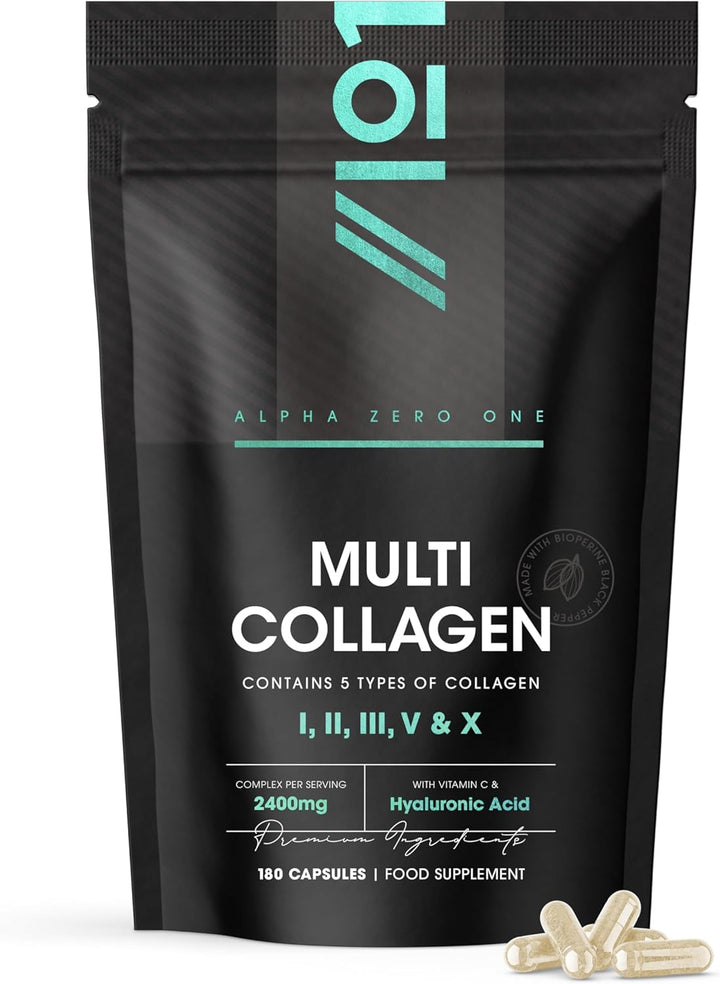 Multi Collagen 2400Mg – Types I, II, III, V & X – 90 Capsules – Wild Caught Marine, Grass Fed Bovine, Eggshell & Free-Range Chicken Collagen Powder, with Hyaluronic Acid & Vitamin C – by Alpha01