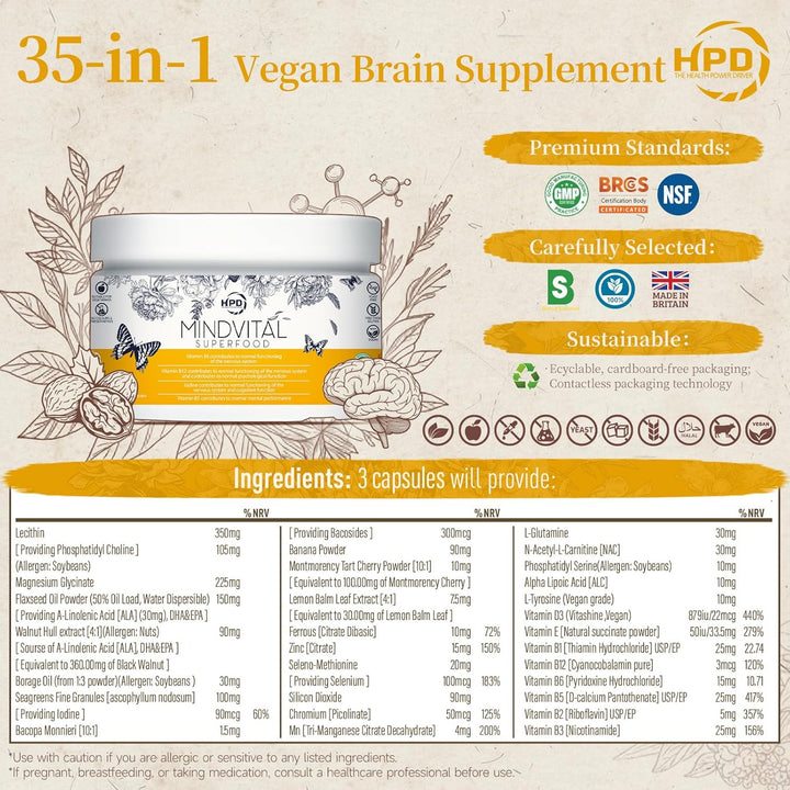 34-In-1 Nootropic Brain Supplement | Focus, Memory & Brain Fog Support Capsules | Cognitive Enhancer with Fatty Acid, Bacopa & B-Vitamins | Mental Clarity & Mood Balance | 90 Vagen Capsules