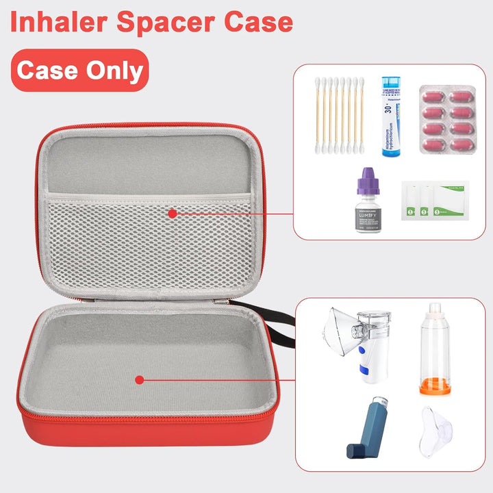 Asthma Medications Case, Hard Travel Case for Inhaler Spacer, Inhaler Mask, Pills, First Aid Supplies, Red