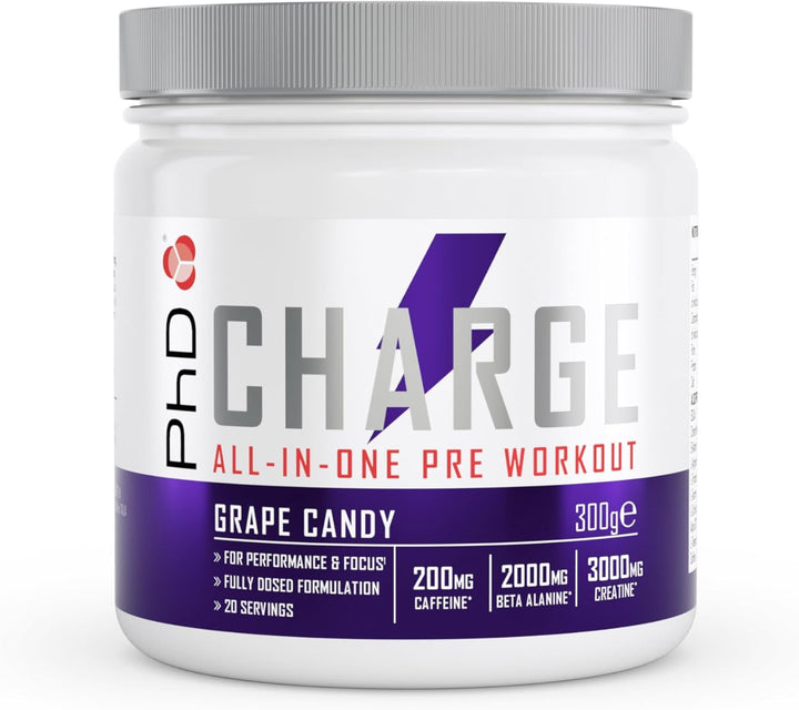 Charge, All in One Pre Workout Powder with Creatine for Women and Men, Rich in Beta Alanine, High Caffeine for Pre-Workout, Sherbert Lemon Flavour, 20 Servings per 300G Bottle