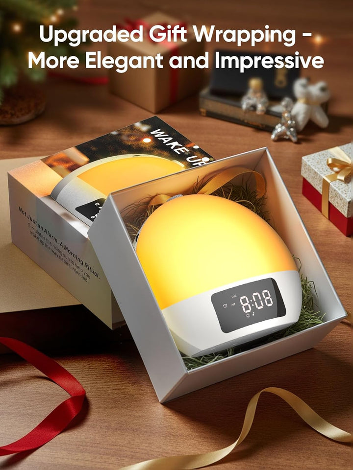 Sunrise Alarm Clock, Wake-Up Light, 9Min Snooze, Bedroom Night Lamp, 25 Soothing Sounds with 16 Volumes, Weekday/Weekend Dual Alarms, Child/Adult Sunset Alarm, Adjustable BT Party/Gathering Lamp