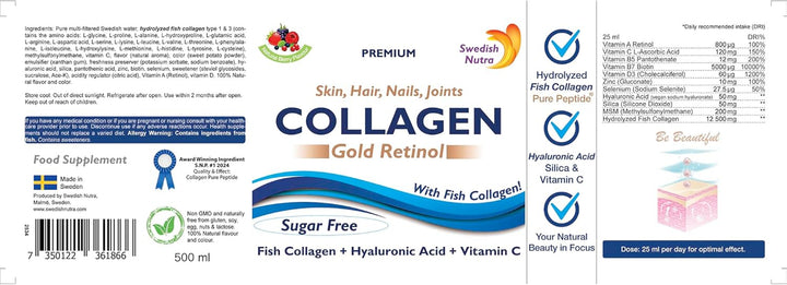 - 12,500 Mg Hydrolyzed Marine Collagen & Gold Retinol Liquid Supplement - 500 Ml Pack, 20 Day Supply | Pure Peptide & Hyaluronic Acid for Healthy Hair, Skin, Nails & Joints I Sugar-Free