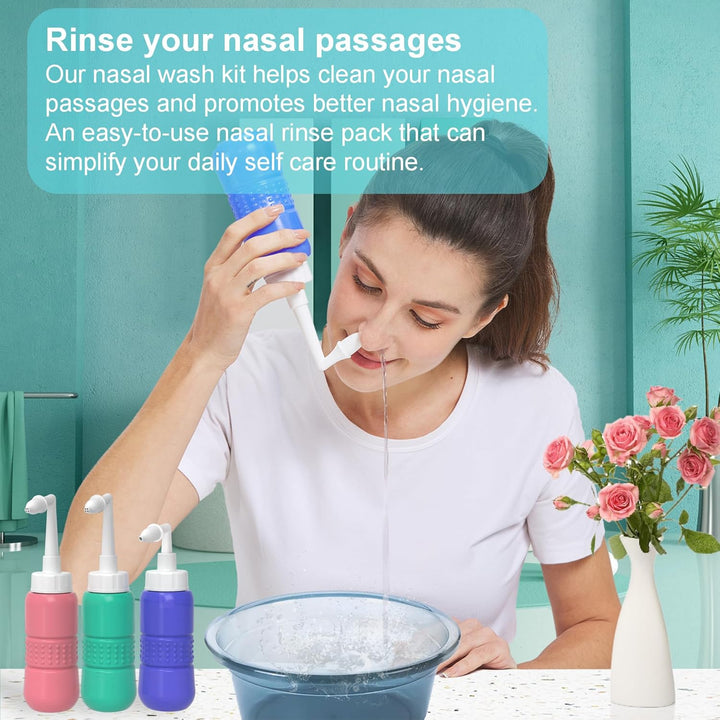 Travel Sinus Rinse Kit +5 Nasal Wash Salt Packets Neti Pot with 2 Soft Nozzle Nasal Rinse Mix Nose Wash Bottle 300Ml + Nasal Sprayer with Nasal Rinse Mix +Bag BPA Free,Blue