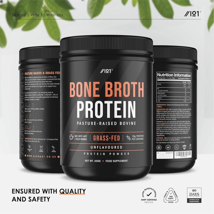 Bone Broth Beef Protein Powder - 400G - Unflavoured - 100% Grass-Fed & Pasture Raised Beef (20 Day Supply) by