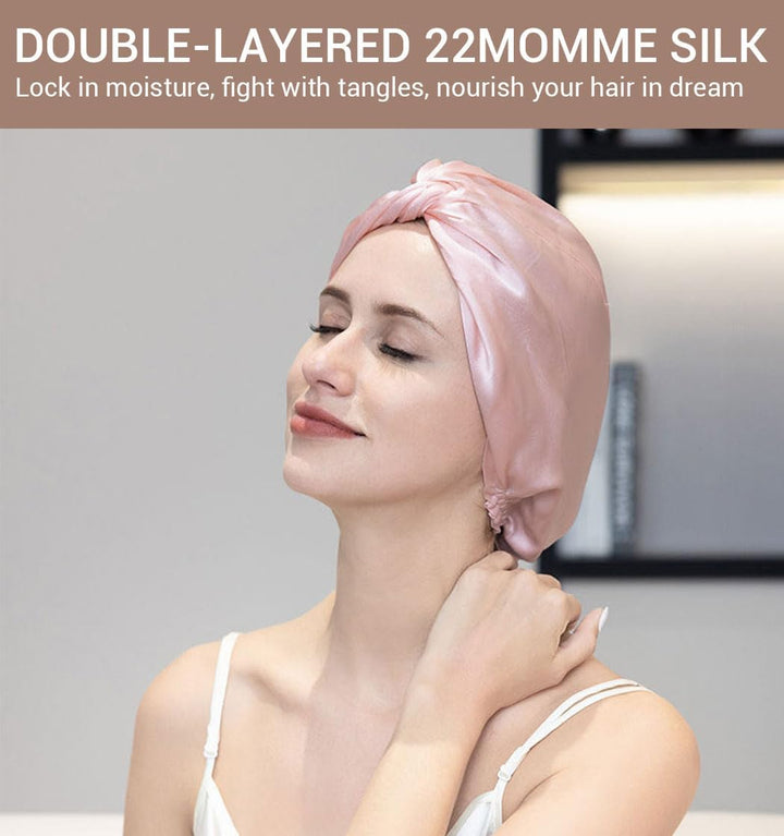 100% Genuine 22Momme Silk Bonnet for Sleeping, Double-Layered Mulberry Silk Hair Wrap with Premium Elastic Stay on Head. (One Size, Pink)