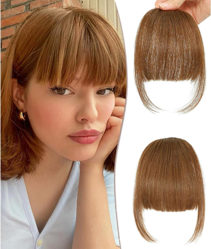 Clip in Fringe - Bangs Hair Clip in Bangs 100% Real Human Hair Extensions Clip on Air Bangs for Women Fringe with Temples Hairpieces Curved Bangs (Dark Brown, French Bangs)