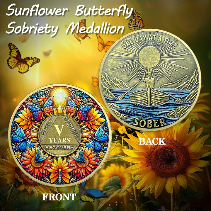 Sobriety Coin, 5 Year Sunflower Butterfly Sobriety Chip AA Coin and Medallions One Day at a Time Sober Token Narcotics Alcoholics Anonymous Recovery Gifts