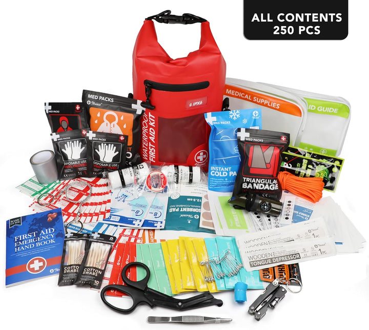 208 PCS Waterproof First Aid Kit, Roll Top Reflective Boat Dry Bag Bug Out Bag, Emergency Medical Kit Ideal for Boating, Camping, Fishing, Kayaking, Floating, Red