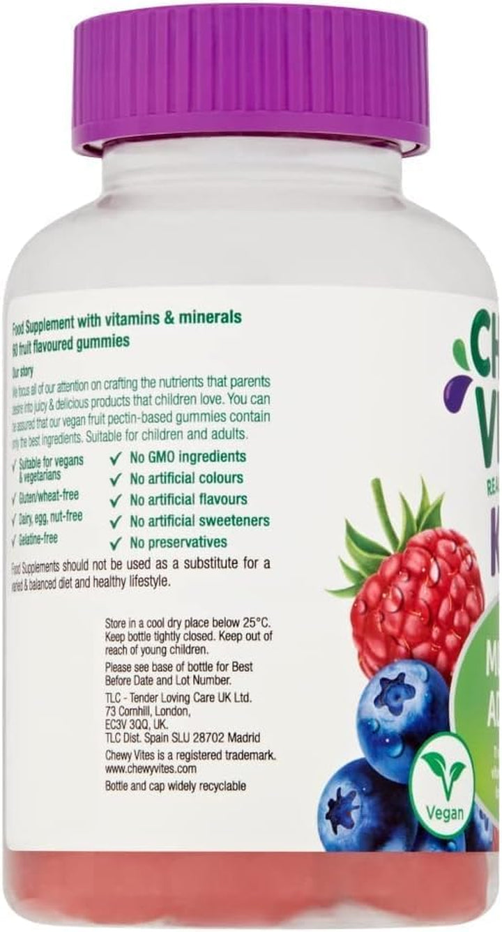Kids Multivitamin Advance, 60 Kids Vitamins Gummies, 11 Essential Nutrients, 2 Months Supply, Real Fruit Juice, Vegan, Age 3 +, Blueberry and Raspberry Flavour