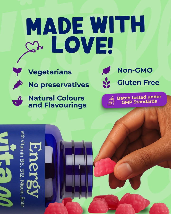 Energy Vitamin Gummies - 60 Strawberry Flavour Gummies | High Strength Chewable Sustained Endurance Vitamins | Vitamins B6 + B12 + Niacin | Alternative to Energy Drinks, Gels & Pills