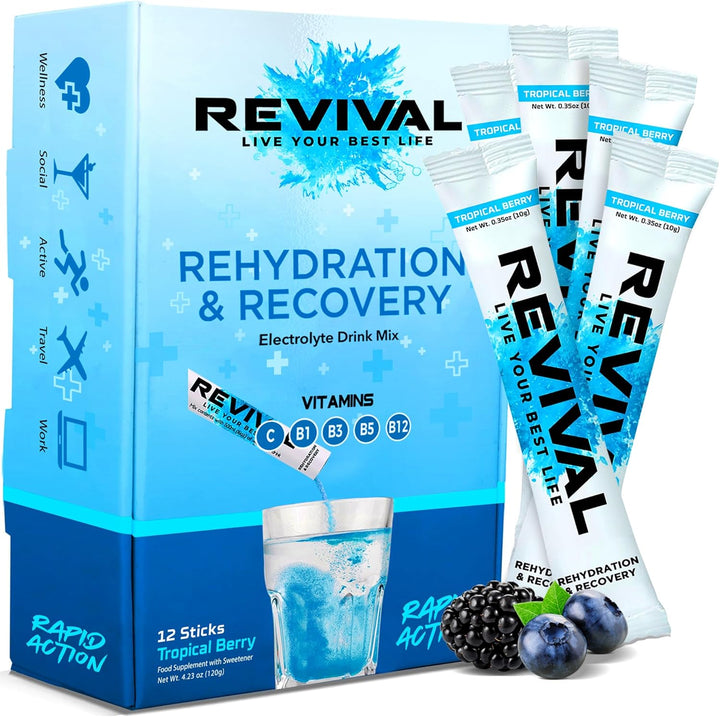 Revival Rapid Rehydration Electrolytes Powder - High Strength Vitamin C, B1, B3, B5, B12 Supplement Sachet Drink, Effervescent Electrolyte Hydration Tablets - 12 Pack Assorted Flavours