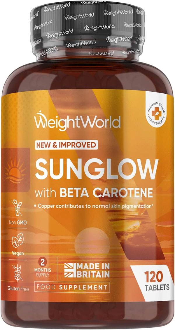 Tanning Tablets - 120 Sunglow Tablets - Beta Carotene Tanning with Vitamin B2 & B3, Zinc, Copper & Iodine - Gluten-Free & Non-Gmo - Made in the UK