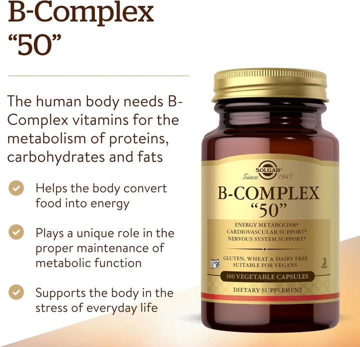Vitamin B-Complex 50 High Potency - Supports Mental Performance - Reduces Tiredness & Fatigue - Vegan - 100 Vegetable Capsules