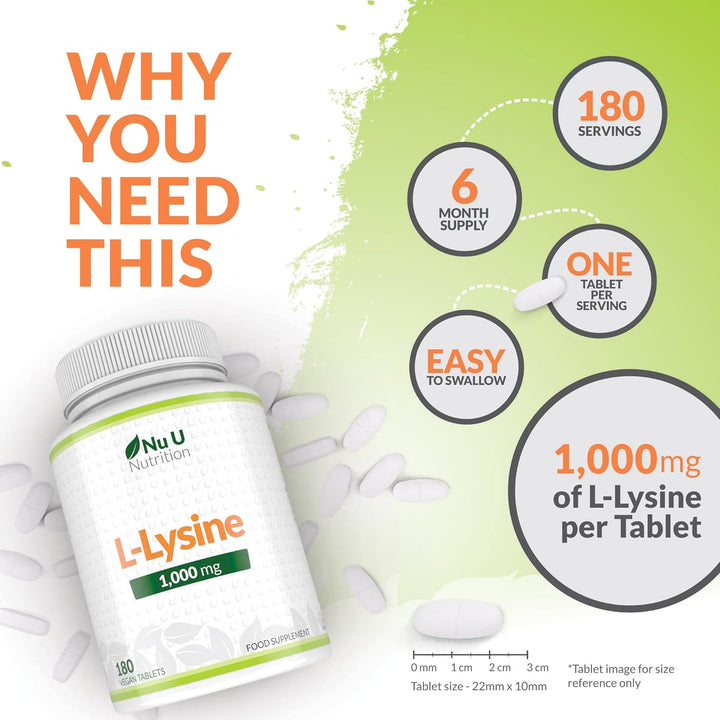 L-Lysine 1000Mg High Strength - 180 Vegan Tablets - 6 Month Supply - Gluten Free - Made in the UK -