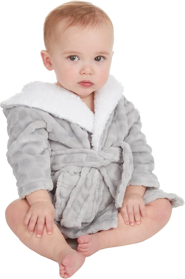 Baby Girls Boys Grey Circle Textured Fleece Robe Hooded Dressing Gown with Sherpa Fleece Size 0-12 Months