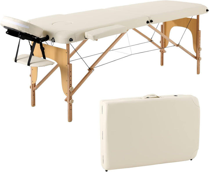 2 Sections Portable Massage Bed Wooden Legs Adjustable Height Folding Tattoo Table (Black)