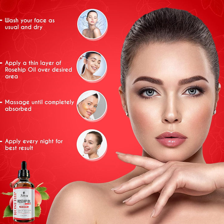 Kanzy Rosehip Oil for Face 120Ml Rosehip Oil Organic Cold Pressed Rose Hip Oil for Face 100% Pure Vegan Cruelty Free for Skin, Hair, Nails, and Body for Nourishment, Dryness, Fine Lines and Scars