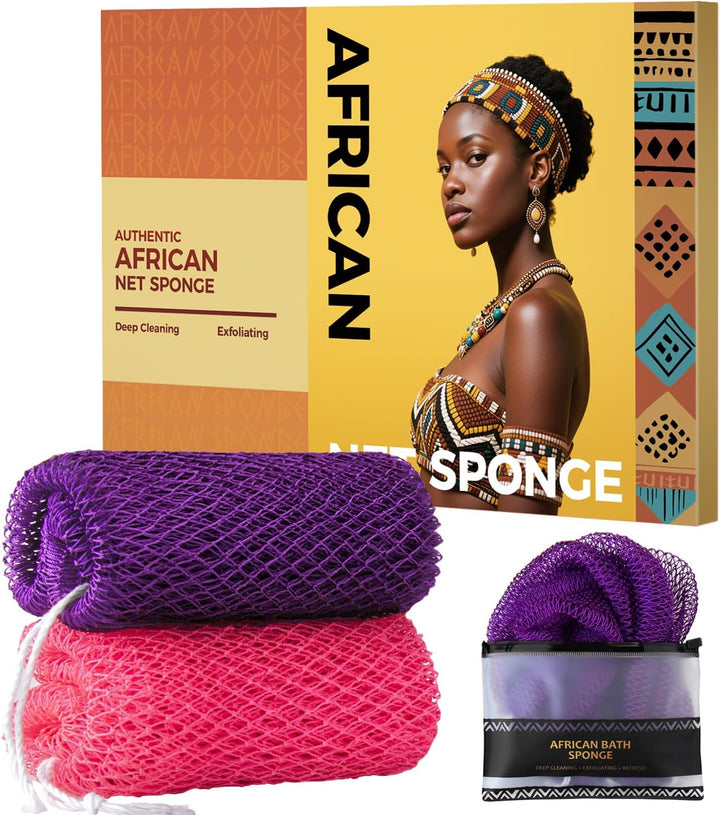 African Net Sponge Authentic - 2 Pieces Body Back Scrubber Bath Sponge with Knots - Afro Loofah Exfoliating Wash Cloth for Shower - African Body Care Daily Use Bathing Accessories
