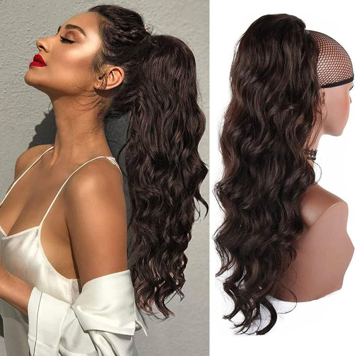 Long Wavy Ponytail Hair Extension for Black Women Drawstring Ponytail Hair Extensions Clip in Black Curly Synthetic Hairpiece