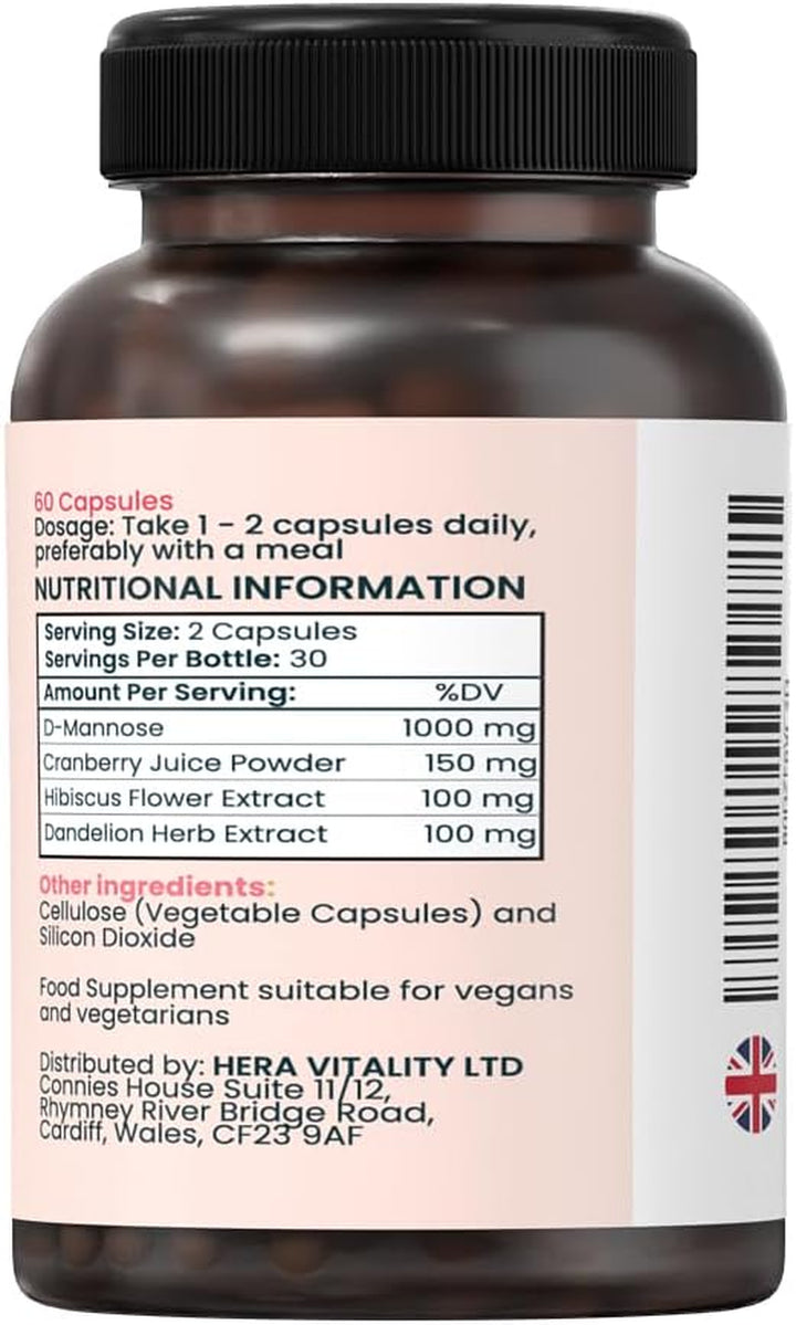 D-Mannose Bladder & UTI Support – Urinary Tract Cleanse with Cranberry, Hibiscus & Dandelion – Natural Cystitis Relief & Bladder Control Supplement – 2 Month Supply | Vegan, Uk-Made Capsules