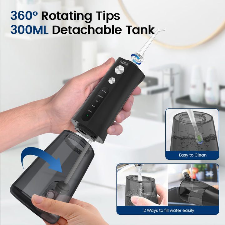 Water Flosser for Teeth Cordless, Professional Oral Irrigator 5 Modes & 4 Jet Tips USB-C Rechargeable Teeth Cleaner Portable 300ML Dental Tooth Care Tool Kits Home Use Travel (Black)