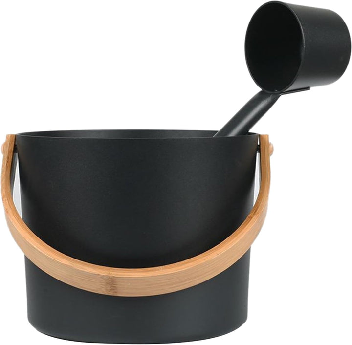 Sauna Bucket and Ladle Set - 7L Luxurious Finnish Sauna Aluminum Bucket with Long Handle Spoon Set, Portable Bucket with Long Handle Ladle Cedar, Matching Ladle Sauna Barrel Bath Accessories (Black)