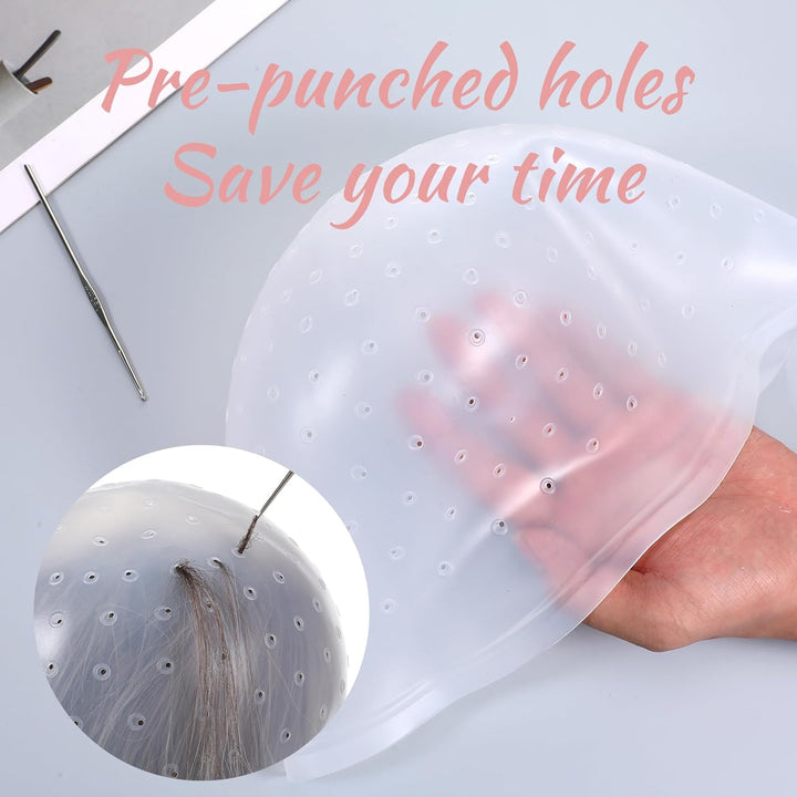 Punched Silicone Highlight Hair Cap with Needle, Professional Reusable Highlighting Poked Hole Caps with Hooks for Color Hair Salon Hairdressing Dyeing Staining Tools for Women Men