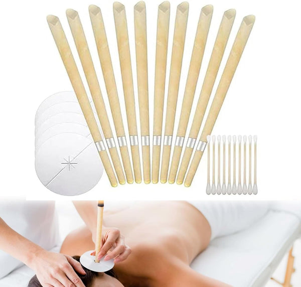 10PCS Ear Candles, Natural Beeswax Ear Candles for Ear Cleaning, Ear Candles Kit with 5 Protective Discs and 10 PCS Cotton Swabs