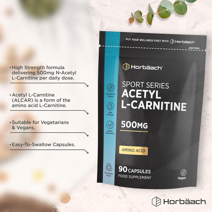 Acetyl L-Carnitine 500Mg | 90 Vegan Capsules | High Strength ALCAR Supplement | Amino Acid | by
