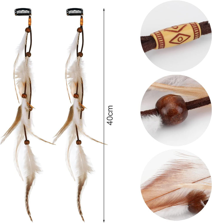 6Pcs Feather Hair Clips, Bohemian Hippie Hair Extension Accessories, Halloween Native Tribal Princess Costume Headdress Decoration
