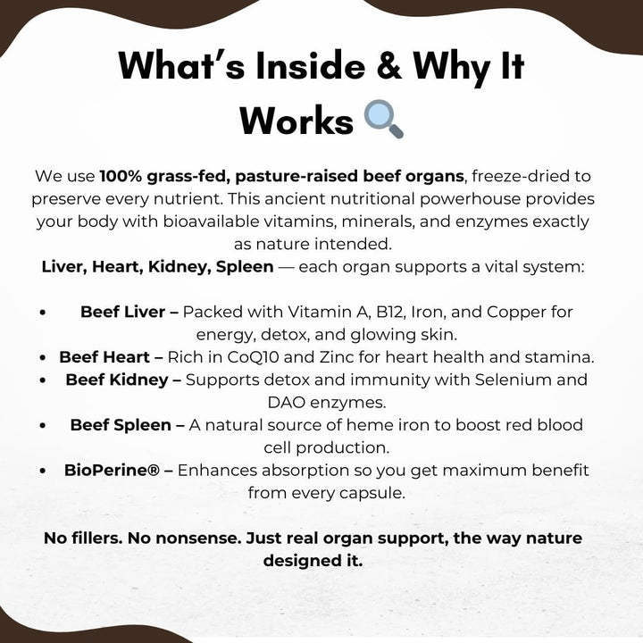 Grass-Fed Beef Organs Complex – Liver, Heart, Kidney, Spleen, Bioperine® – Freeze-Dried, Non-Defatted – 120 Capsules, Gmo-Free, Halal, UK Made, High Nutrient Retention
