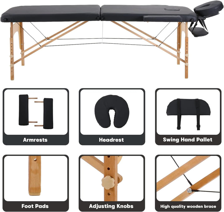 2 Sections Portable Massage Bed Wooden Legs Adjustable Height Folding Tattoo Table (Black)