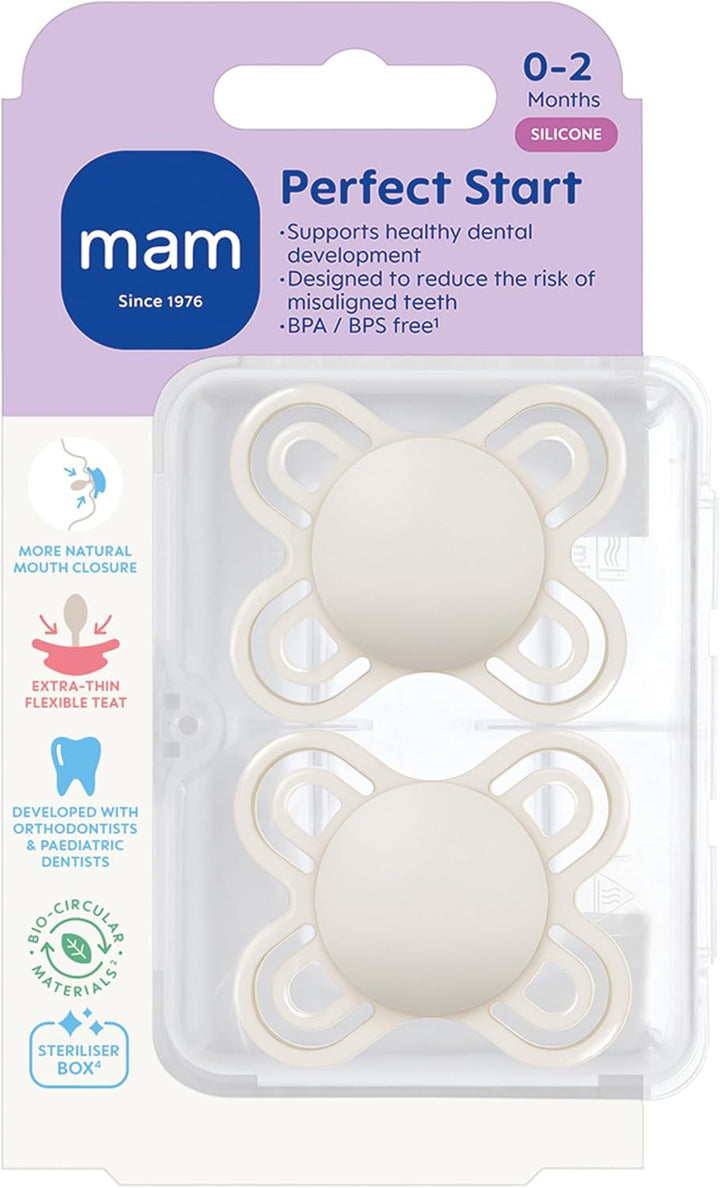 Perfect Soothers | 0-2 Months | 2 Pack | Newborn Dummies | Comes in Dummy Steriliser Case | Sustainable Materials | Baby Accessories for Newborn | Cream/White (Various Designs)