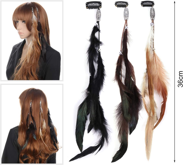 6Pcs Feather Hair Clips, Handmade Boho Hair Extensions with Clip Comb, Bohemian Hippie Hairpin Headdress Accessories, Halloween Cosplay Headwear
