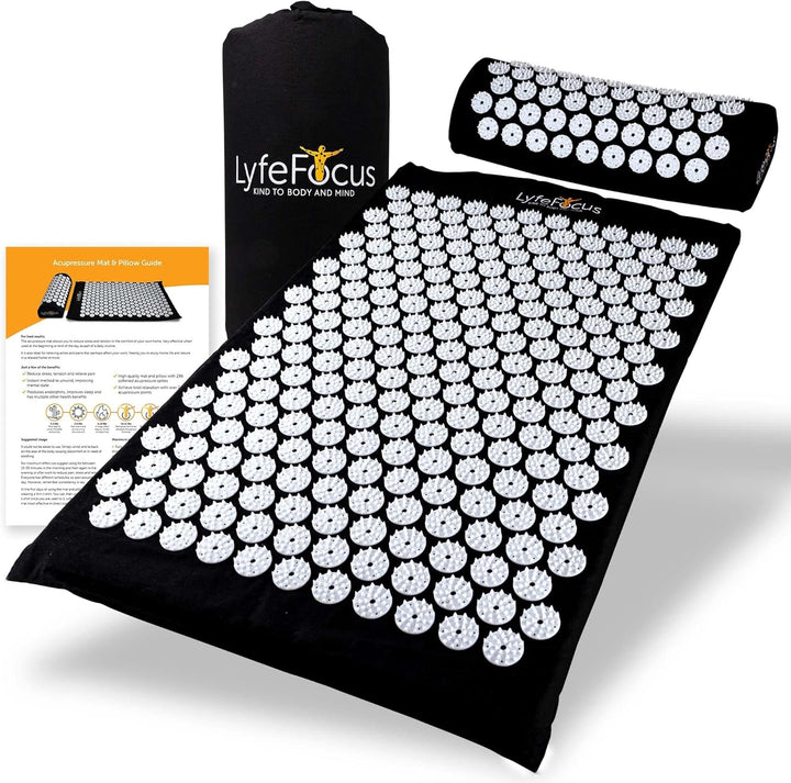 Acupressure Mat & Pillow Set with Travel Bag - Cushioned Spike Acupuncture Massage Mat for Back, Neck & Shoulder Pain Relief - Easing Muscle Tension & Stress (Black & Black)