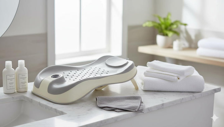 Baby Bath Support Seat – Ergonomic Infant Bath Lounger | Foldable, Non-Slip Baby Bather for Newborns 0–12 Months | Quick Drain Design | Soft PP+TPE Material | 55Cm (Grey2)