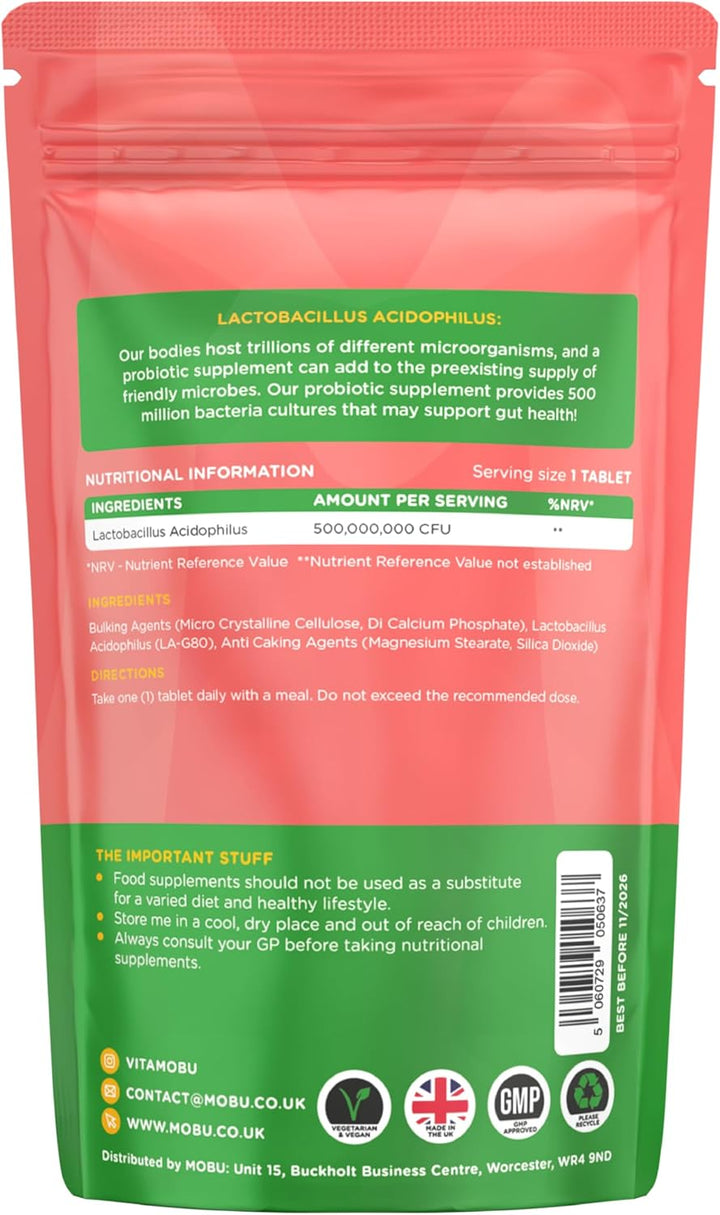 Acidophilus Lactobacillus 50Mg – 120 Tablets | 500 Million CFU Probiotic | Probiotics for Gut Health, Digestion & Bloating Relief | UK Made |